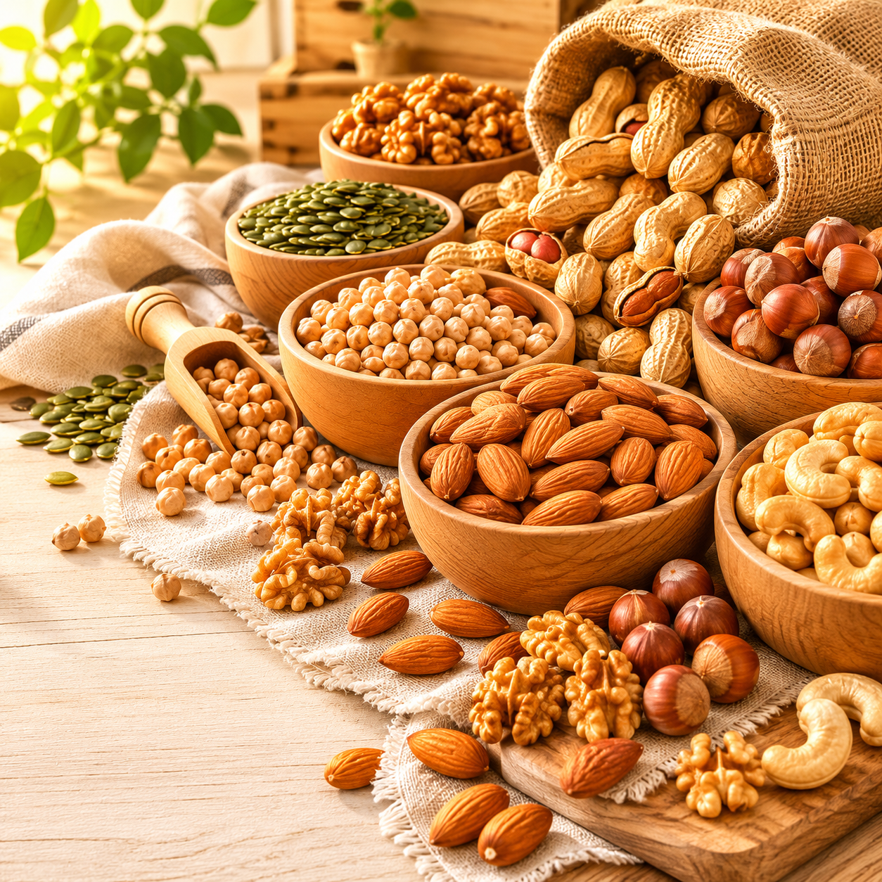 Variedad de frutos secos, legumbres y semillas en tazones de madera